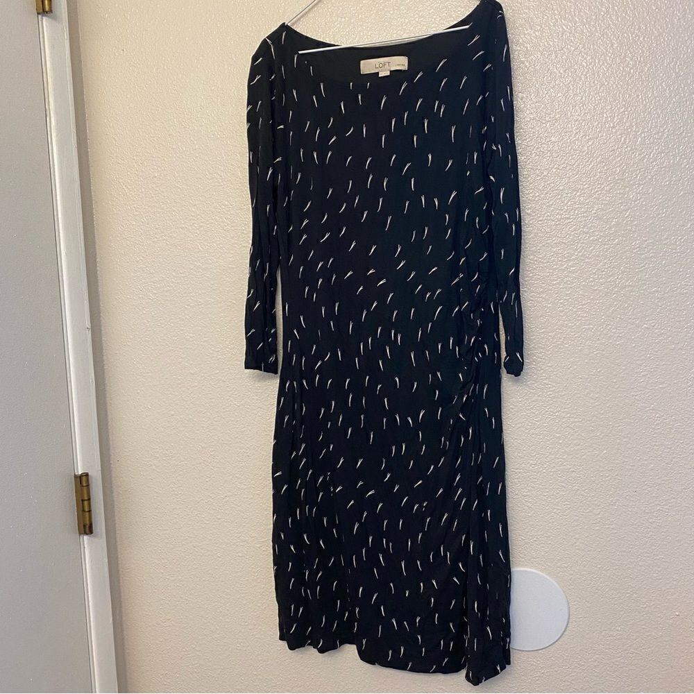Ann Taylor Loft petites Black 3/4 sleeve shift Dress side ruching -MP